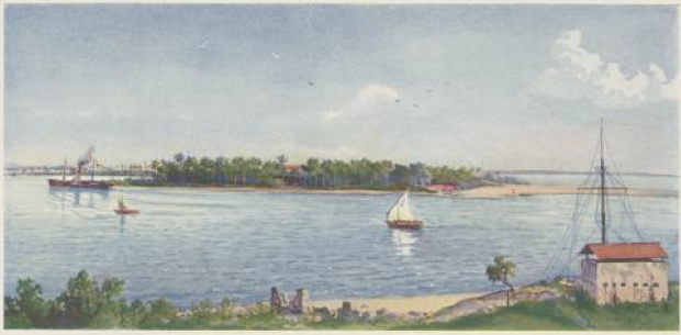Harbor entrance of Dar es Salaam, the capital of German East Africa. Watercolour by R. Duschek. Source: H. Fonck, Die Naturschönheit deutscher Tropen: die Bevölkerung und Erschliessung, 1911.