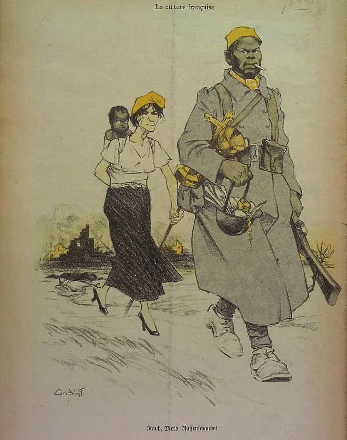 “French Culture.” The cartoon depicts a French colonial soldier shown as having attacked and violated a French woman; the caption below reads: “Robbery, murder, and racial defilement.”
Source: Kladderadatsch, no. 25 (1940), Heidelberg collection.