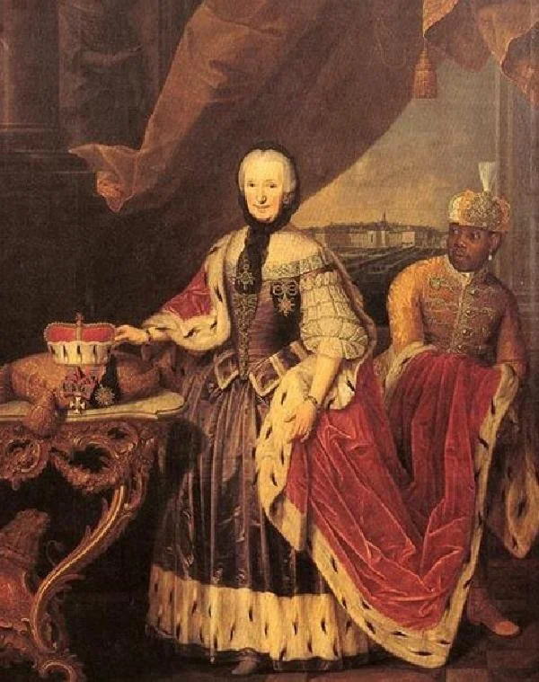 Princess-Abbess Franziska Christine of Palatinate-Sulzbach with the court “Moor” Ignatius Fortuna, painting by J. Schmitz, c. 1770. (Princess Franziska Christine Foundation, Essen).