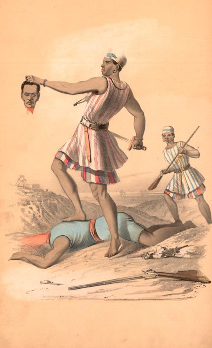 Female soldier of King Ghezo’s guard (Dahomey) holding up a severed head. Source: Joseph Josenhans, Bilder aus der Missionswelt für die deutsche Jugend, 1855. 
