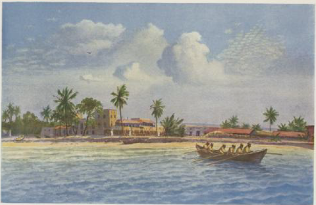 Kilwa Kiwindje (a historic town on Tanzania's coast known for its mix of Swahili and German colonial architecture and its history as a hub for the 19th-century slave trade). Watercolour by R. Duschek. Source: H. Fonck, Die Naturschönheit deutscher Tr