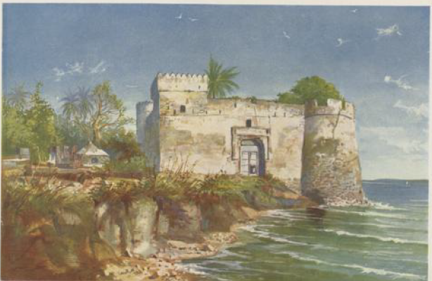 An Arab-style fortress on the island of Kilwa Kisiwani in Tanzania. Watercolour by R. Duschek. Source: H. Fonck, Die Naturschönheit deutscher Tropen: die Bevölkerung und Erschliessung, 1911.