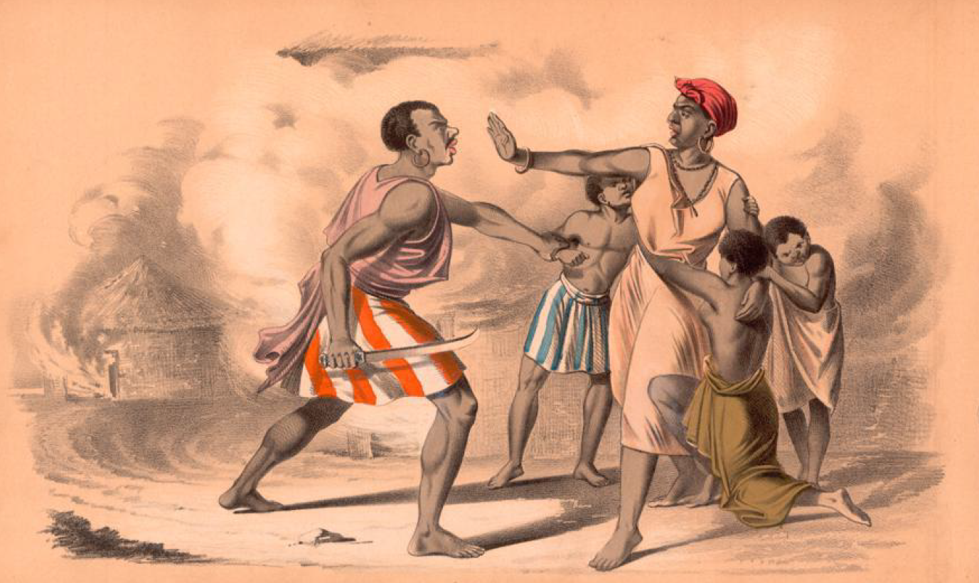 Slave-raiding scene in Africa: a mother tries to shield her children during an attack as one child is seized to be taken into slavery. Source: Joseph Josenhans, Bilder aus der Missionswelt für die deutsche Jugend, 1855. 