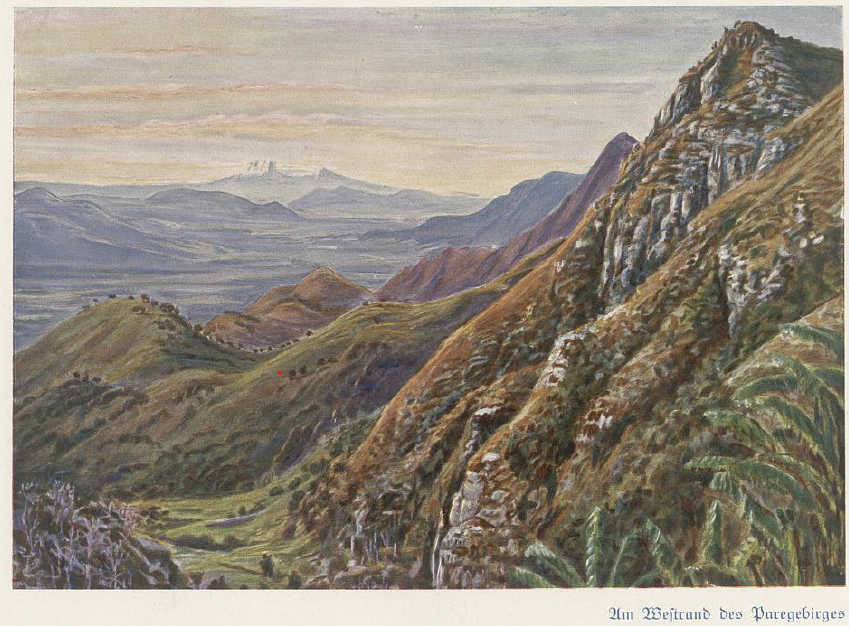At the western edge of the Parege Mountains. (located in northeastern Tanzania, in the Kilimanjaro Region) Source : J.J. von Dannholz, Im Banne des Geisterglaubens: Züge des animistischen Heidentums bei den Wasu in Deutsch-Ostafrika, 1916.