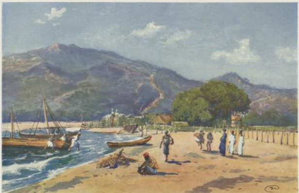 Alt-Langenburg Station on the northern shore of Lake Nyassa in Tanzania. Watercolour by R. Duschek. Source: H. Fonck, Die Naturschönheit deutscher Tropen: die Bevölkerung und Erschliessung, 1911.