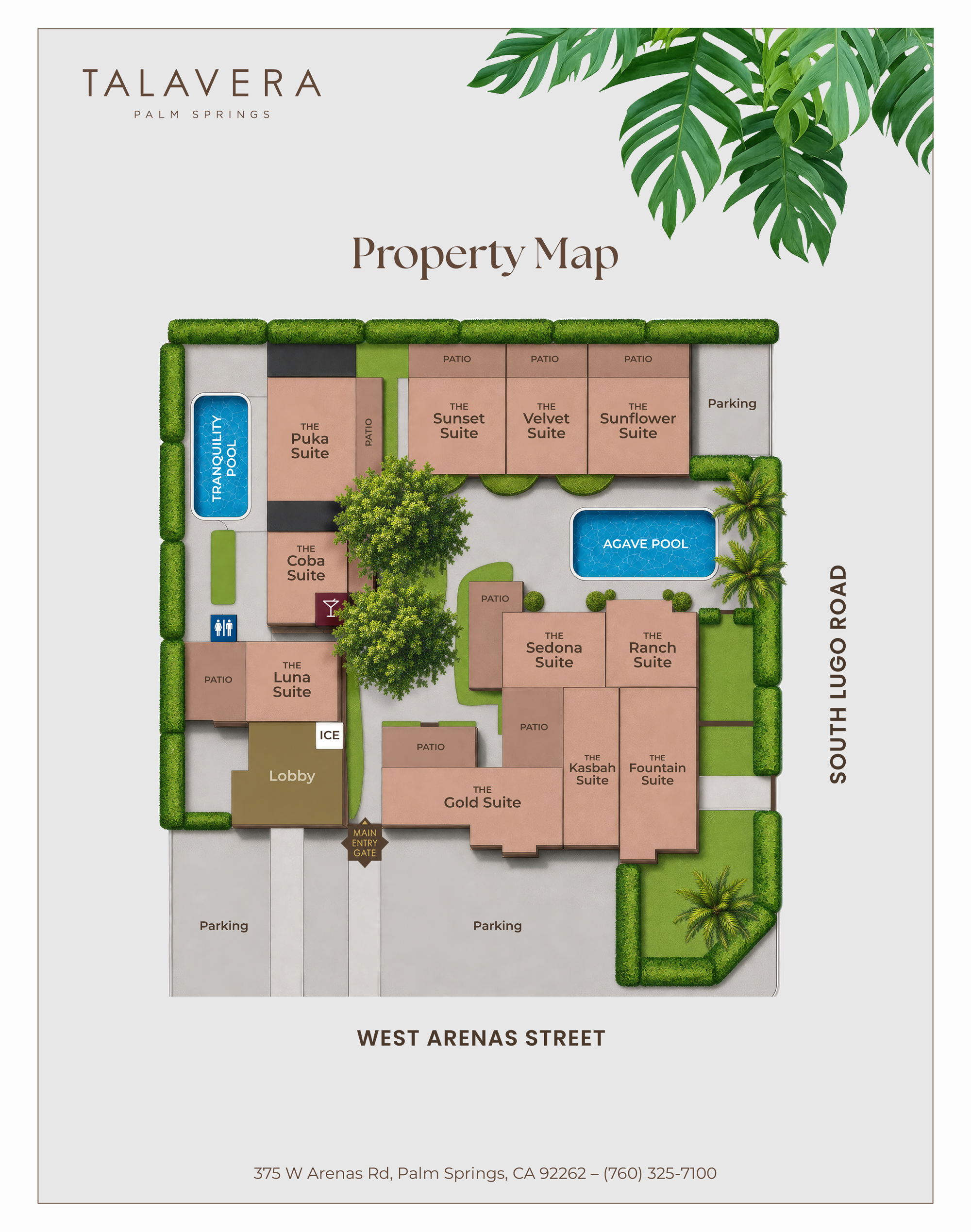 A property map layout for Talavera Palm Springs, showing various suites, pools, parking, patios, and the main entry gate, with street address at the bottom.