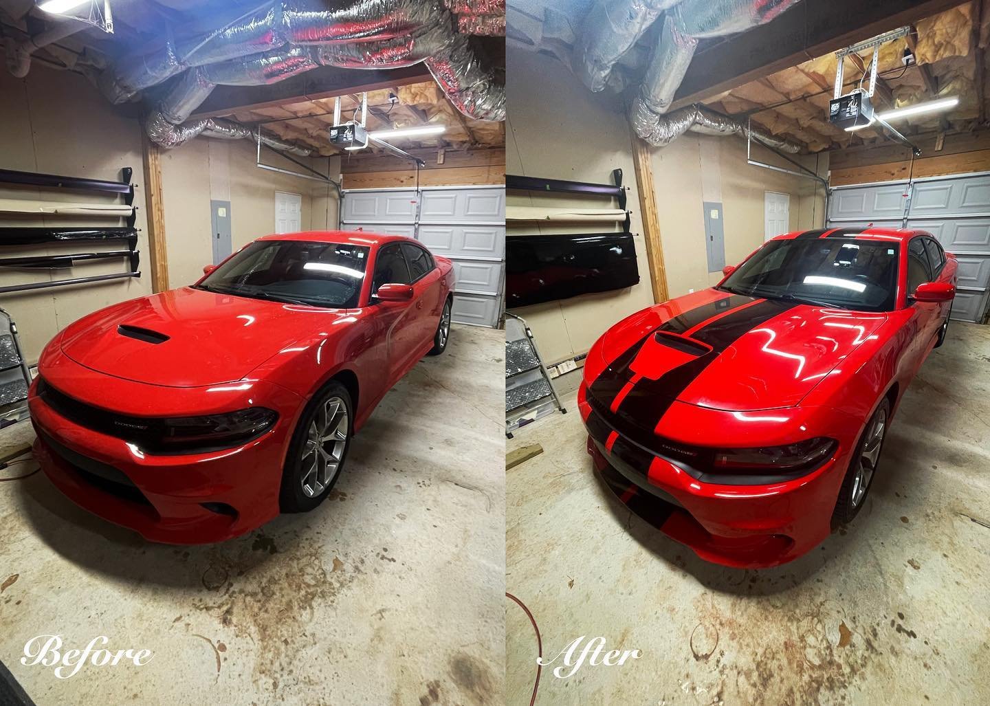 The racing stripes changed the whole look of the car!! Hit us up to customize your car or truck or change the color entirely!! #wrap #carwrap #wrapyourcar #wrapthatshxt #charger #mopar #dodge
