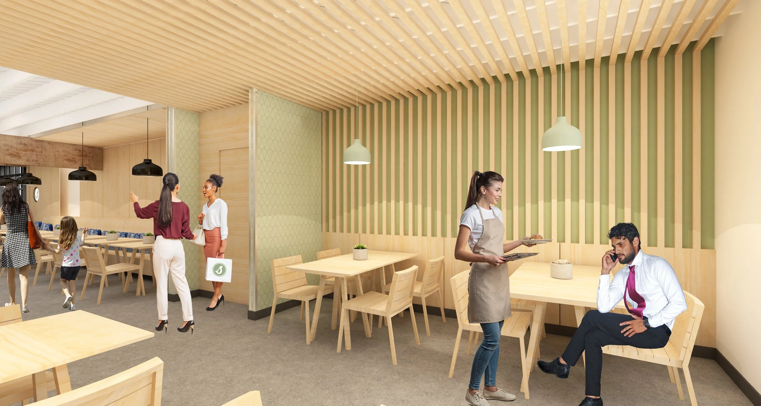 Architecture of Seabirds Kitchen restaurant at South Coast Plaza, rendering of seating
