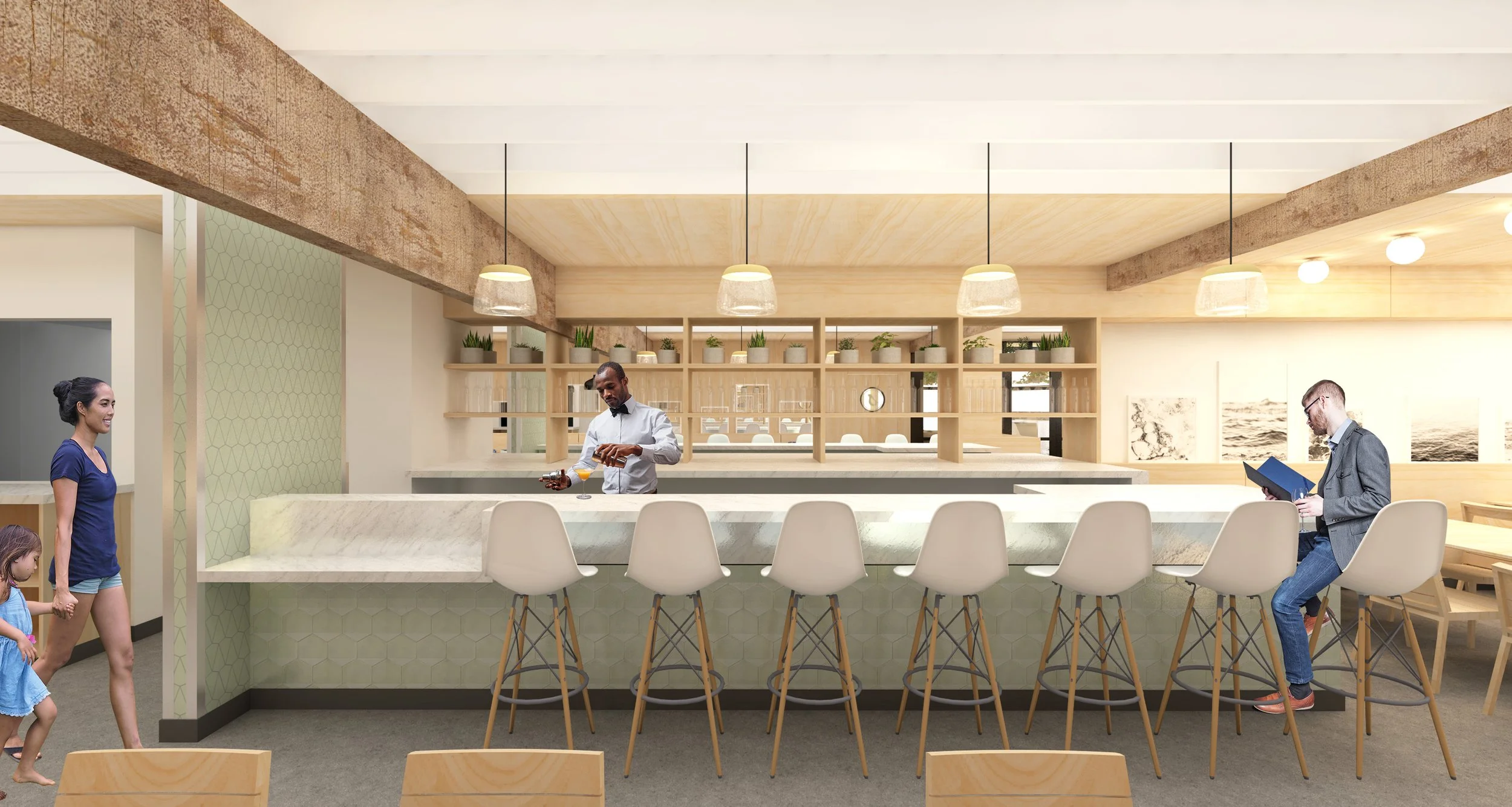 Architecture of Seabirds Kitchen restaurant in Costa Mesa, counting seating