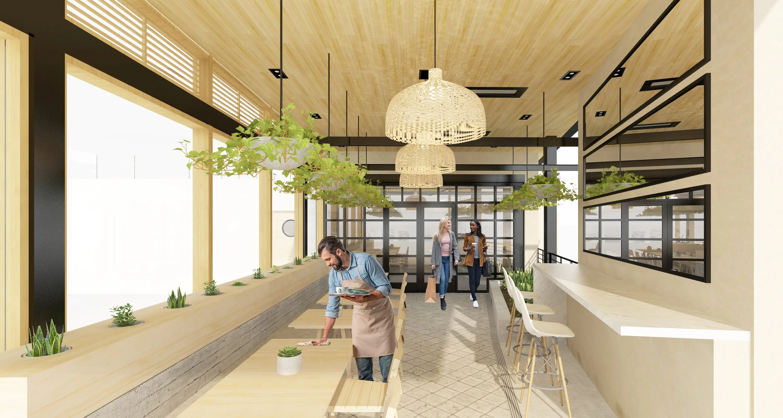 Architecture of Seabirds Kitchen restaurant in Costa Mesa, rendering of patio seating