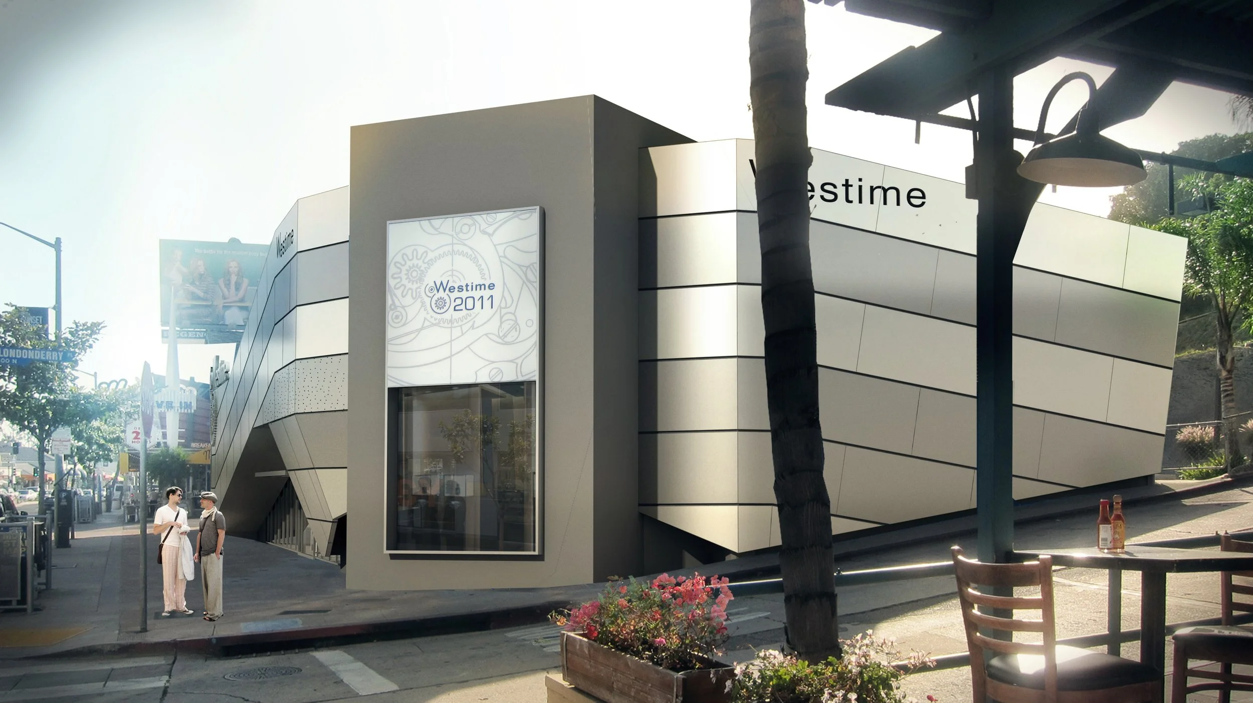 Architecture for Westime flagship retail store on the Sunset Strip in West Hollywood, aluminum facade