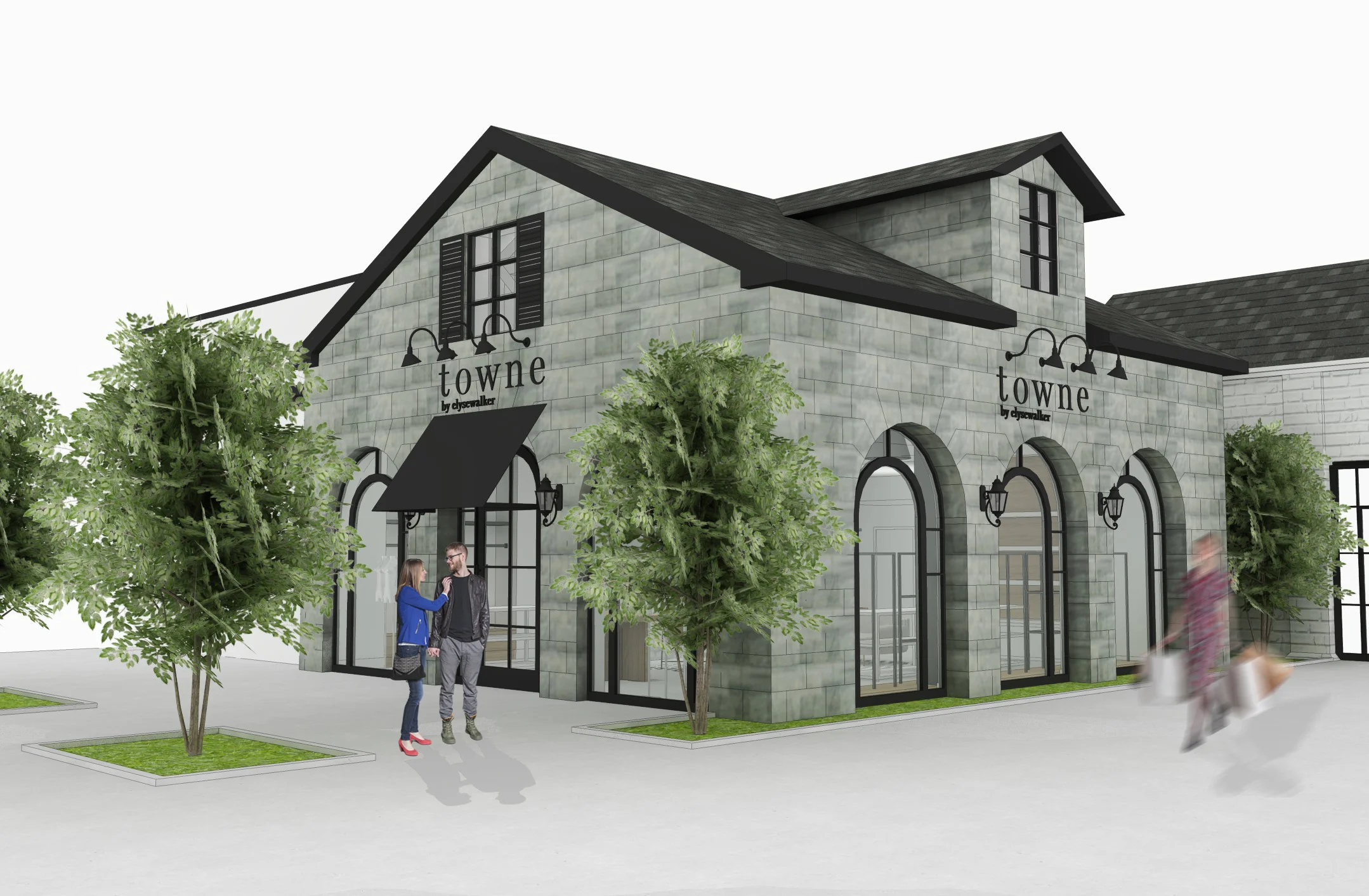 Renderings of architecture for Towne by Elyse Walker in Pacific Palisades, facade and signage
