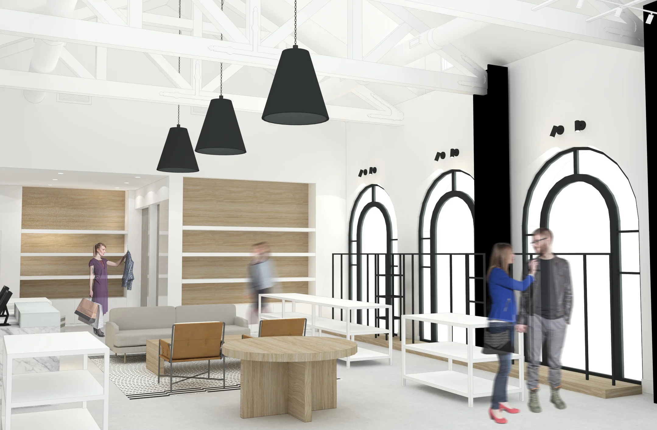 Renderings of architecture for Towne by Elyse Walker in Pacific Palisades, interior displays and lighting