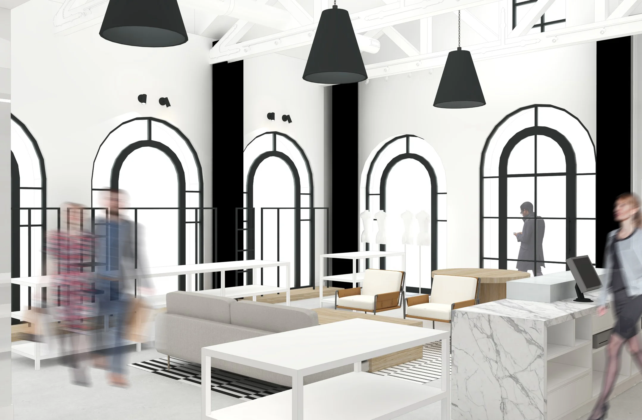 Renderings of architecture for Towne by Elyse Walker in Pacific Palisades, seating and lighting