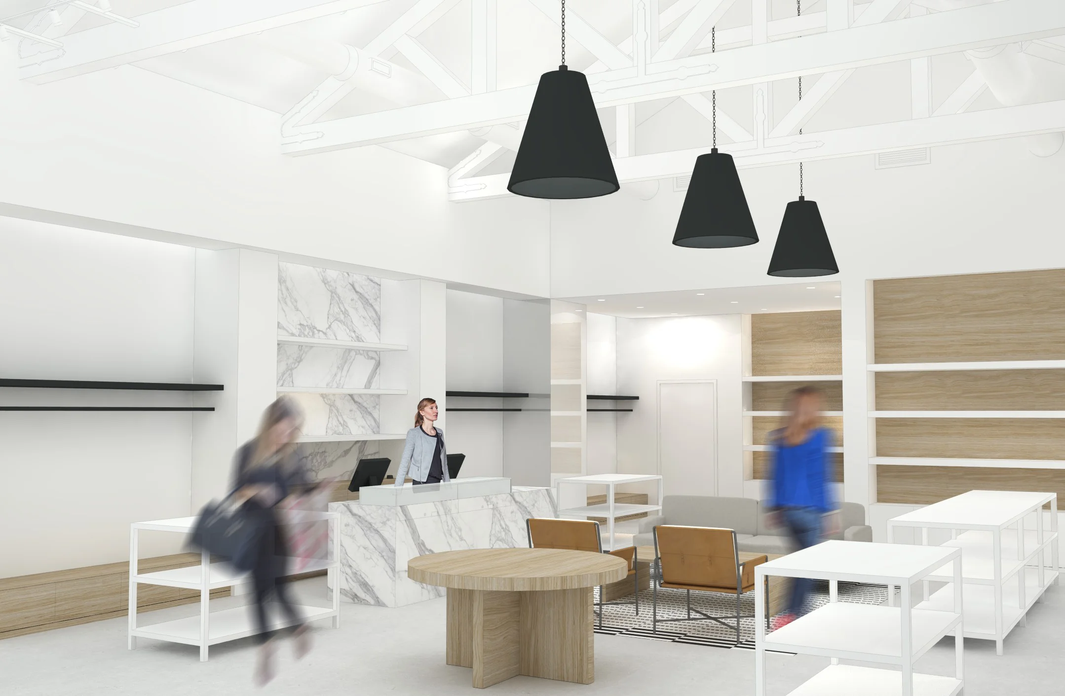 Renderings of architecture for Towne by Elyse Walker in Pacific Palisades, checkout counter, retail displays, lighting