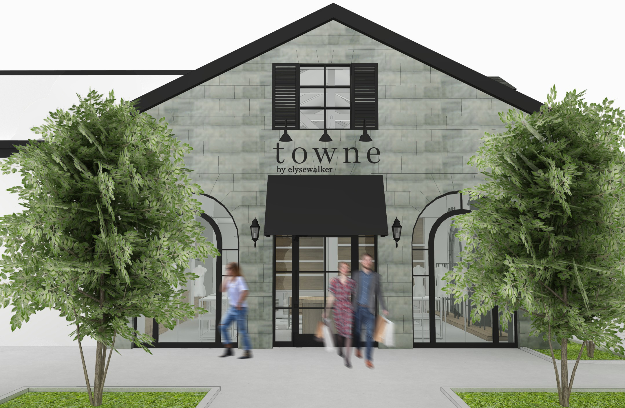 Renderings of architecture for Towne by Elyse Walker in Pacific Palisades, facade and signage