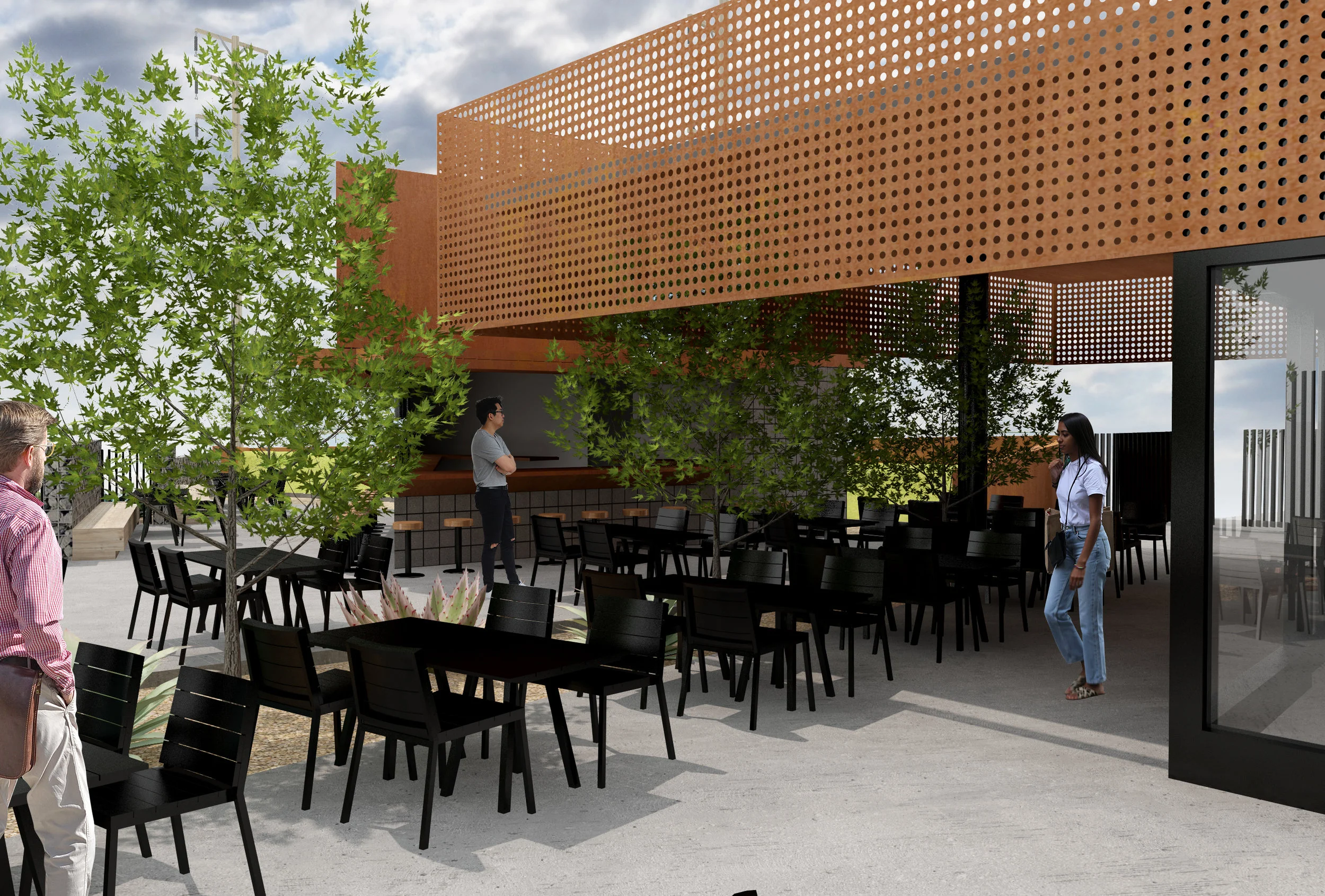 Architecture of restaurants in former gas station location, patio seating and perforated steel design
