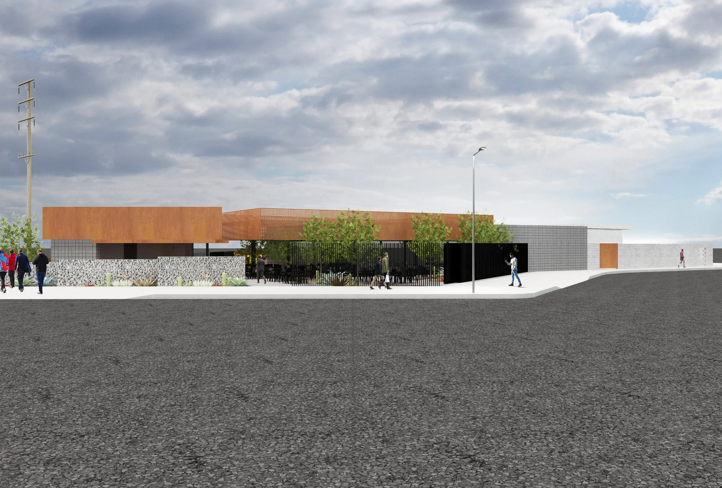 Architecture of restaurants in former gas station location, facade