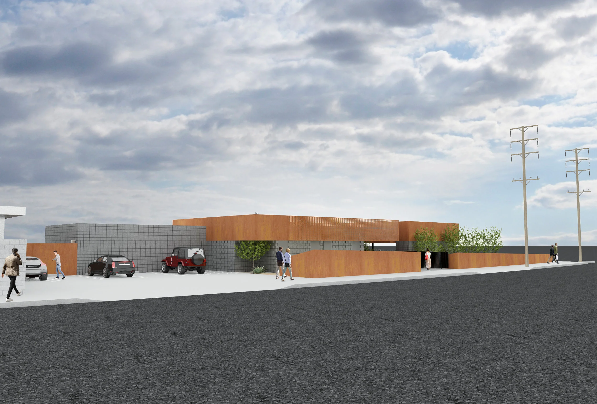Architecture of restaurants in former gas station location, view of parking lot