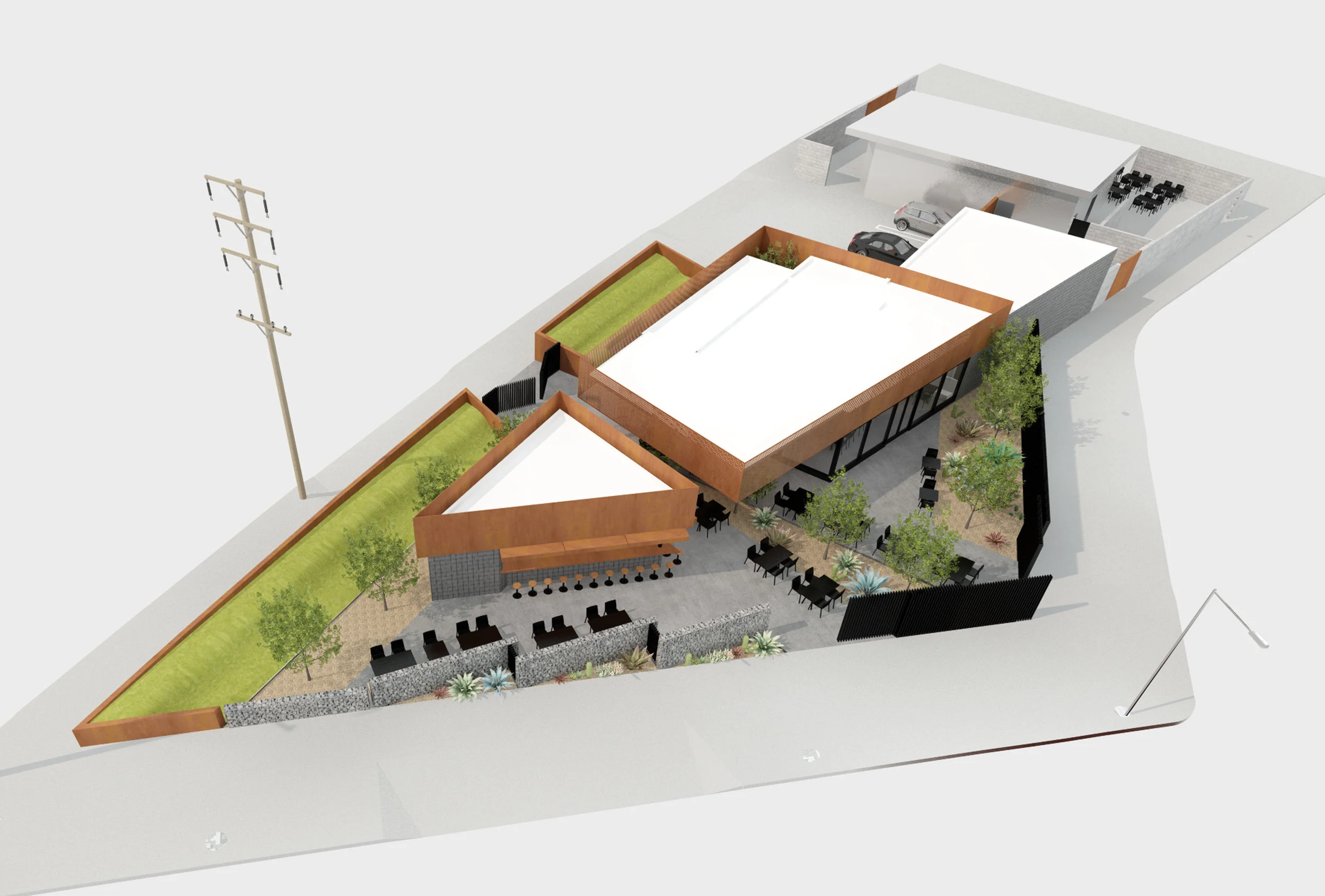 Architecture of restaurants in former gas station location, arial view