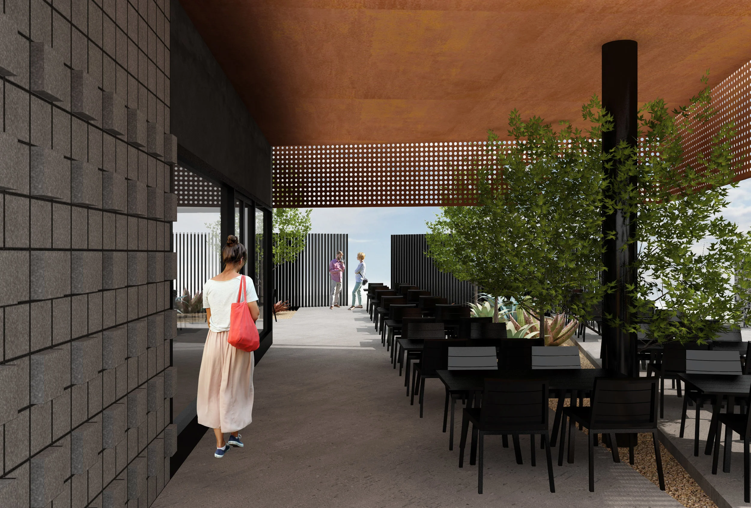 Architecture of restaurants in former gas station location, breezeway