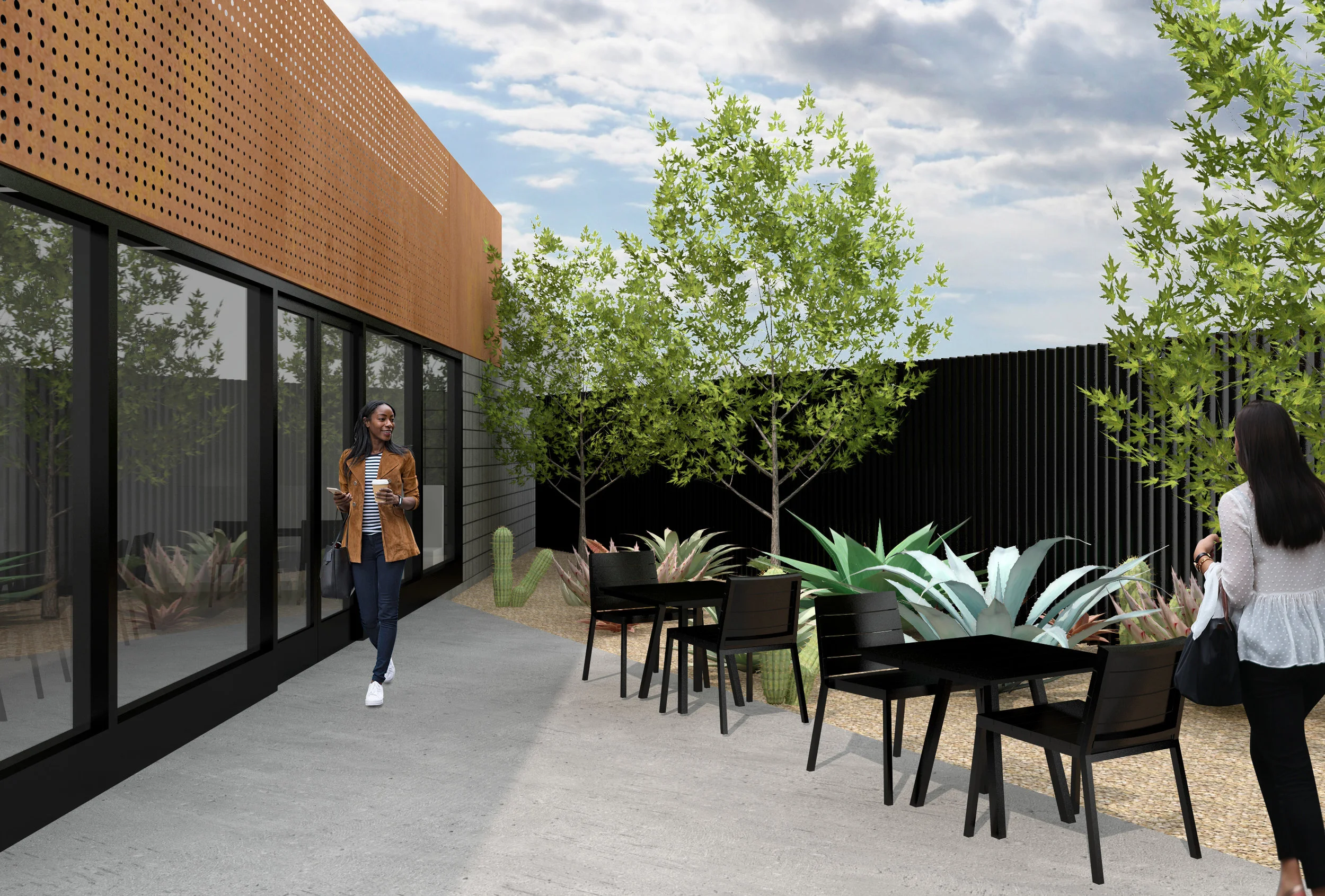 Architecture of restaurants in former gas station location, patio seating