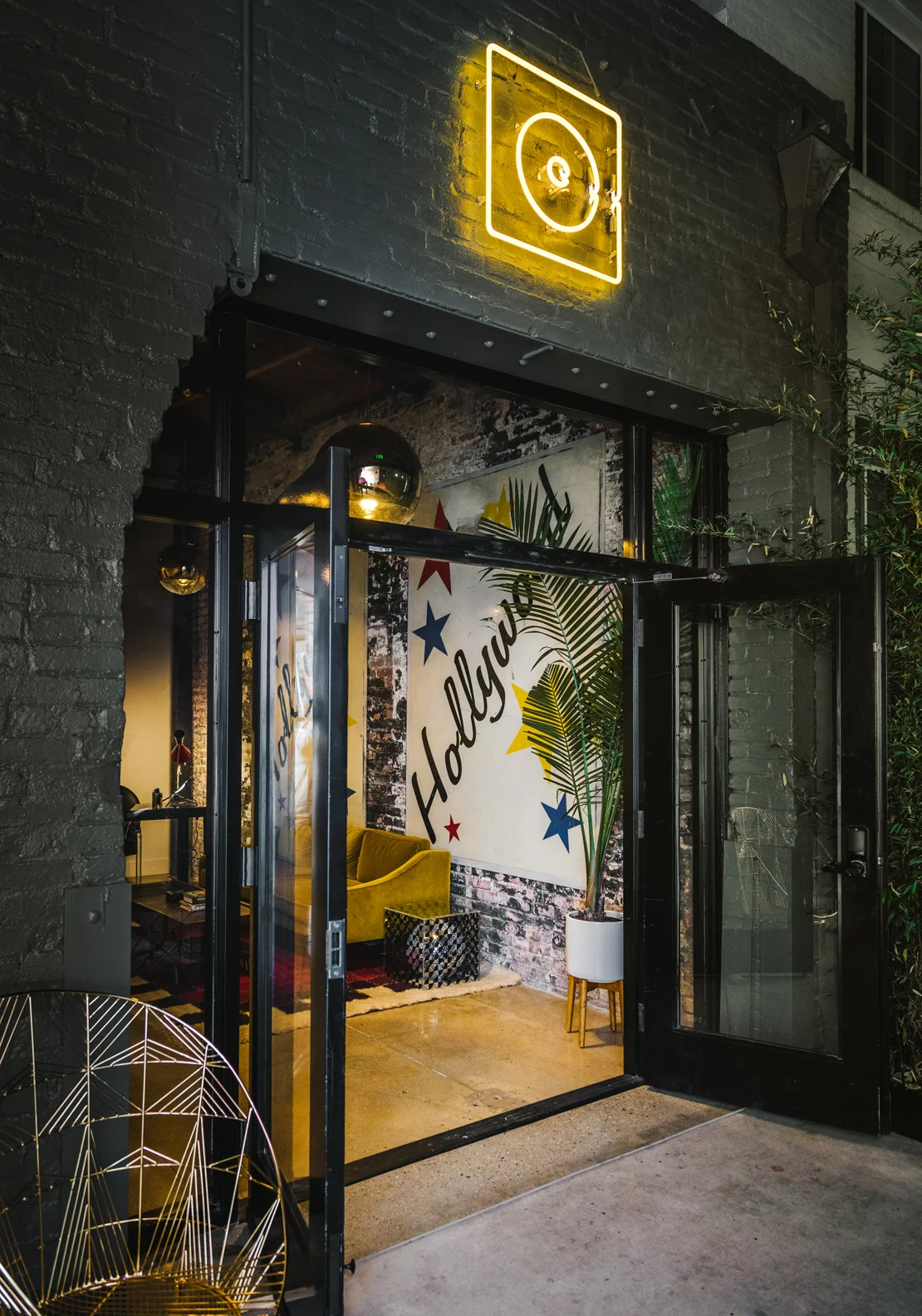 Architecture for Gold Diggers Sound recording studio in East Hollywood, entryway with neon sign
