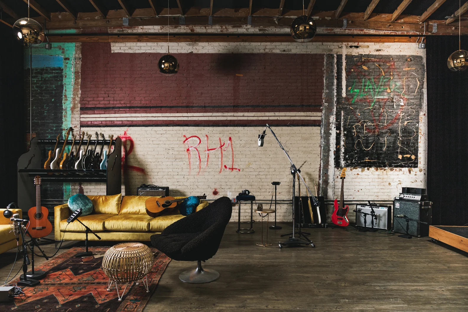 Architecture for Gold Diggers Sound recording studio in East Hollywood, performance and rehearsal space, original brick wall