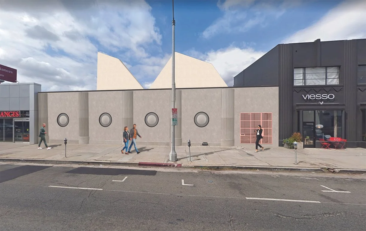 Maximalist architecture and design for wellness skincare company, facade on La Brea