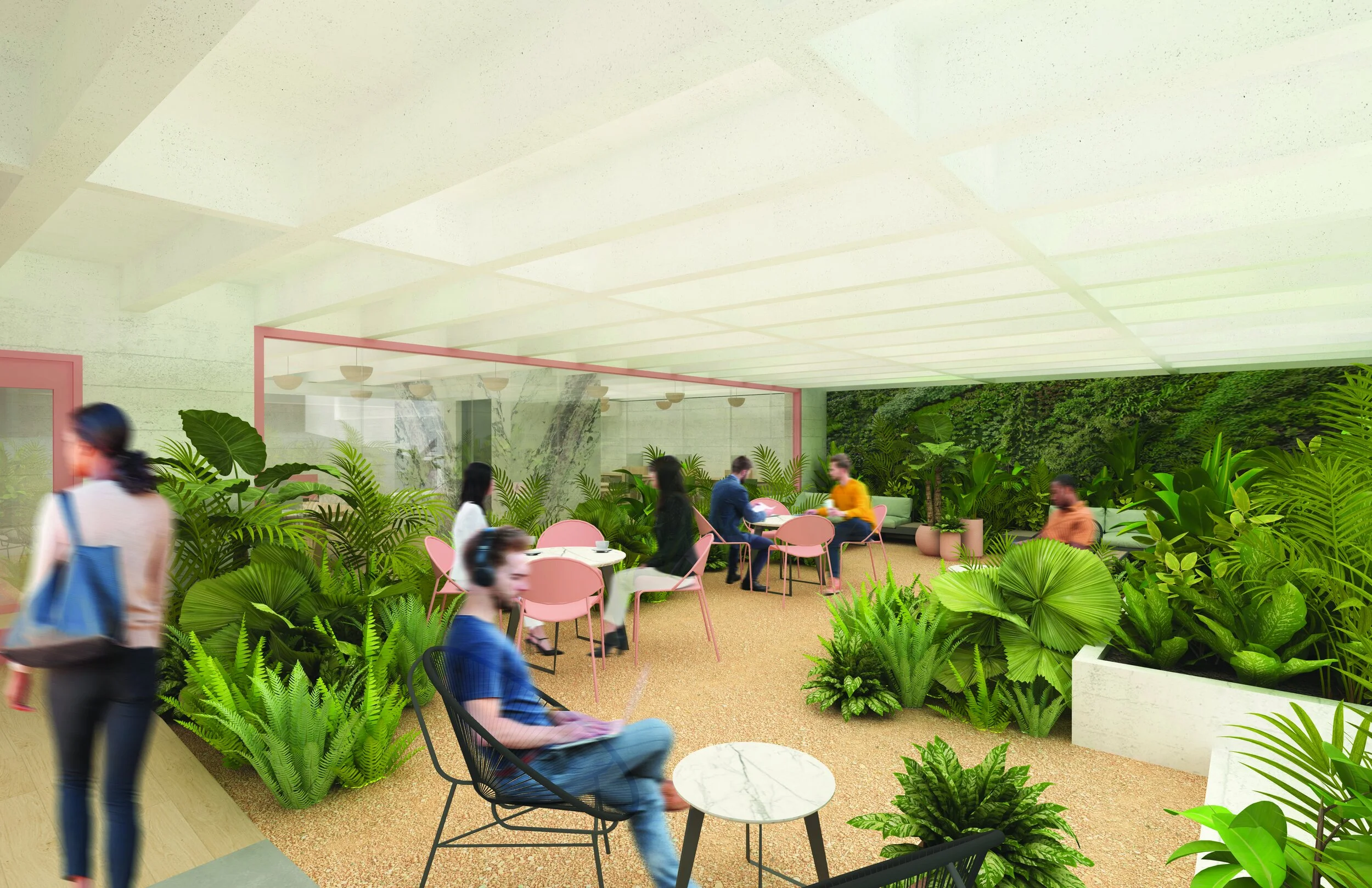 Maximalist architecture and design for wellness skincare company on La Brea, patio seating