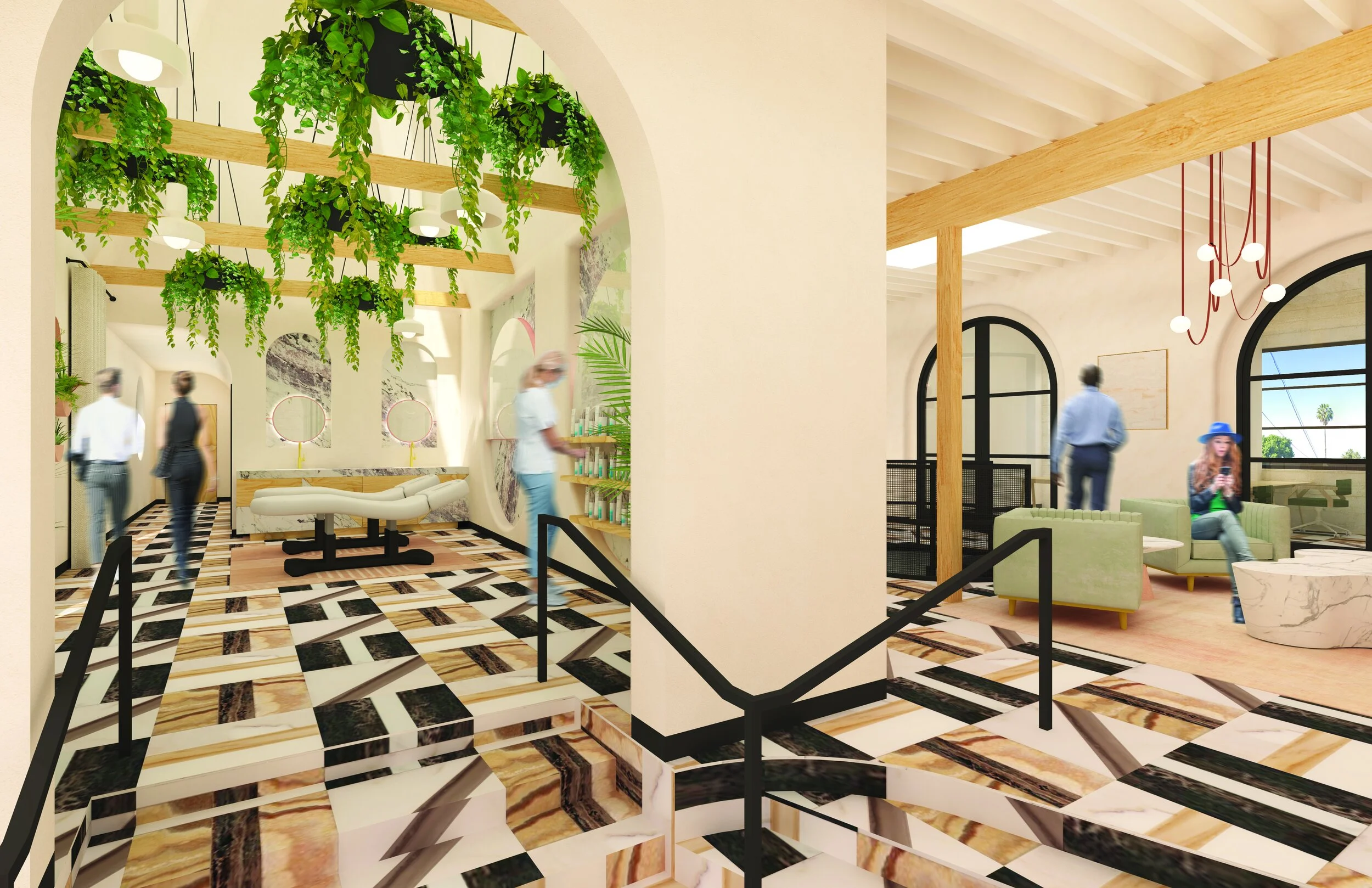 Maximalist architecture and design for wellness skincare company on La Brea, skin treatment area, tiled floor