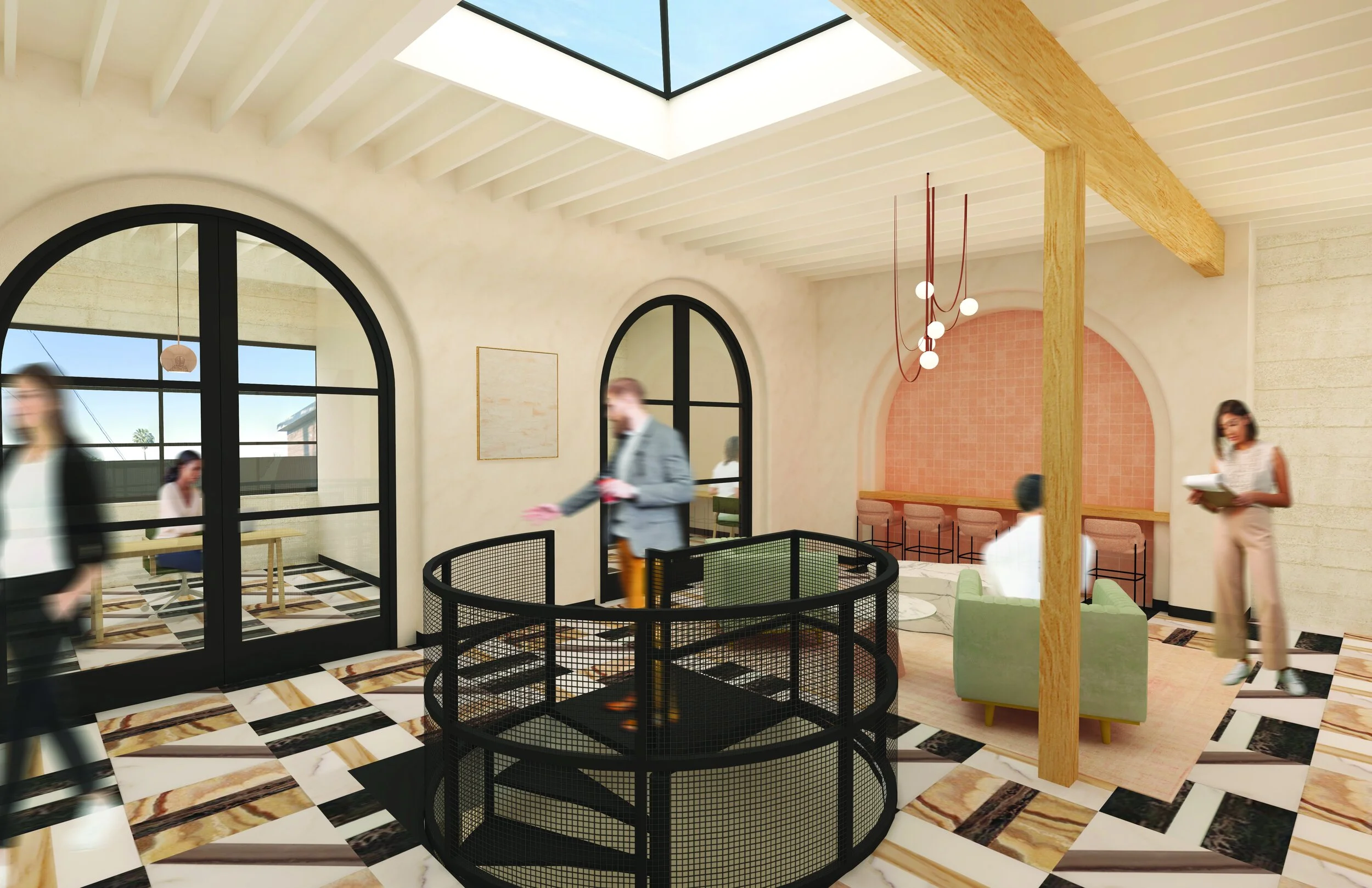 Maximalist architecture and design for wellness skincare company on La Brea, circular staircase and skylight