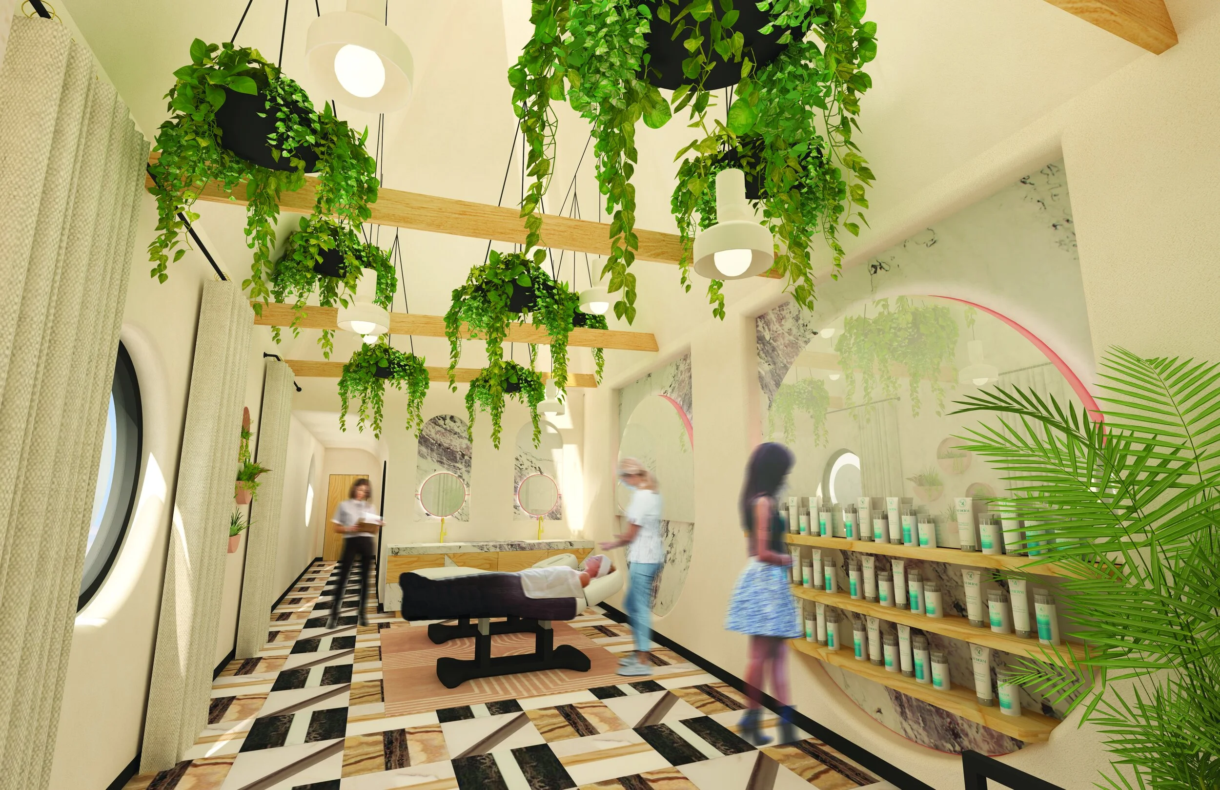 Maximalist architecture and design for wellness skincare company on La Brea, skin treatment area and product display