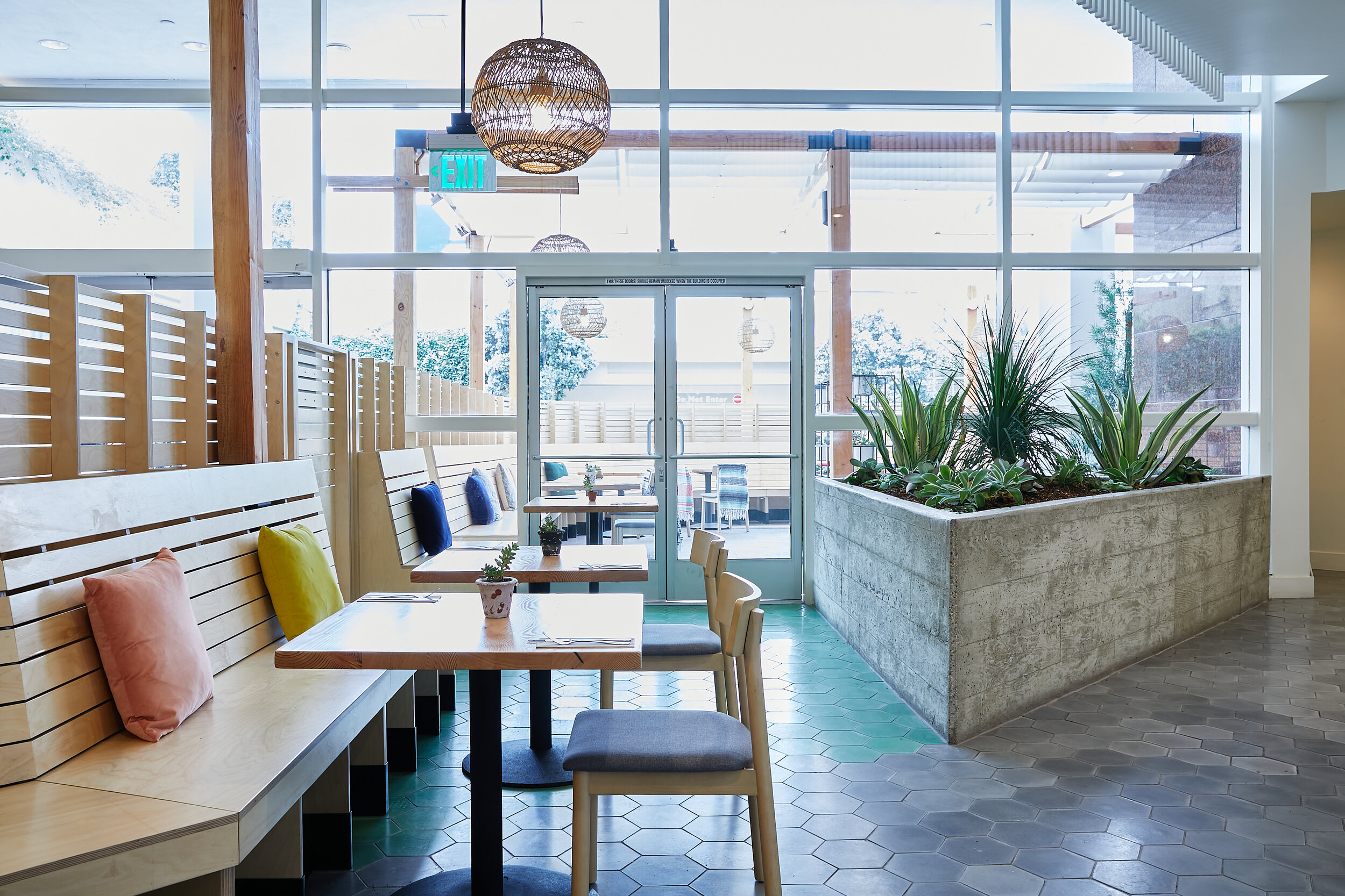 Architecture of Seabirds Kitchen restaurant at South Coast Plaza, tile and seating