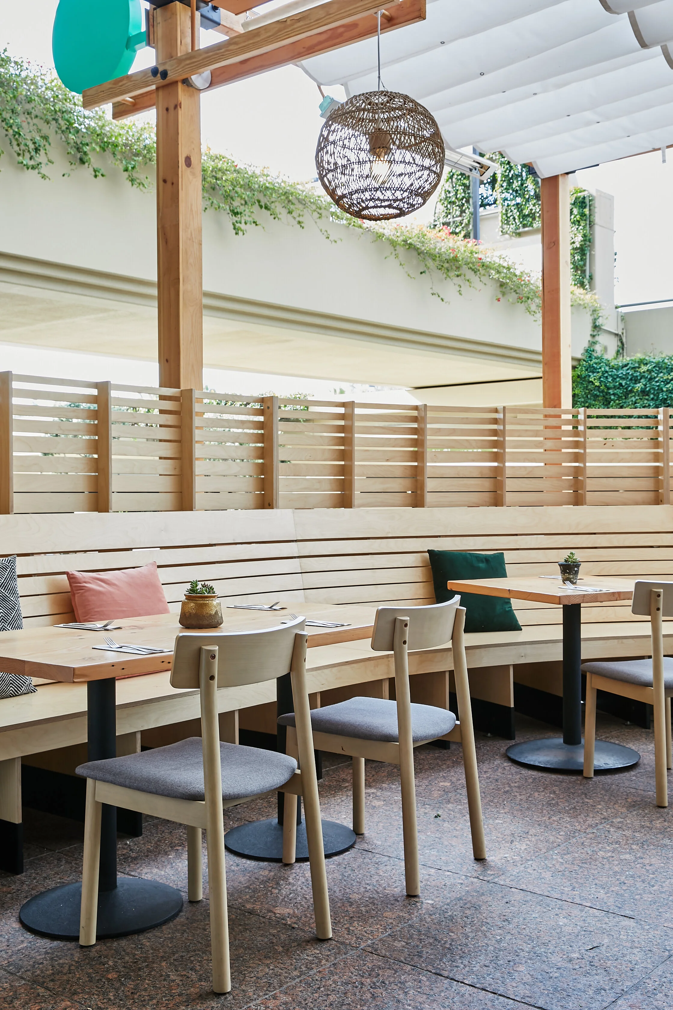 Architecture of Seabirds Kitchen restaurant in Costa Mesa, patio seating