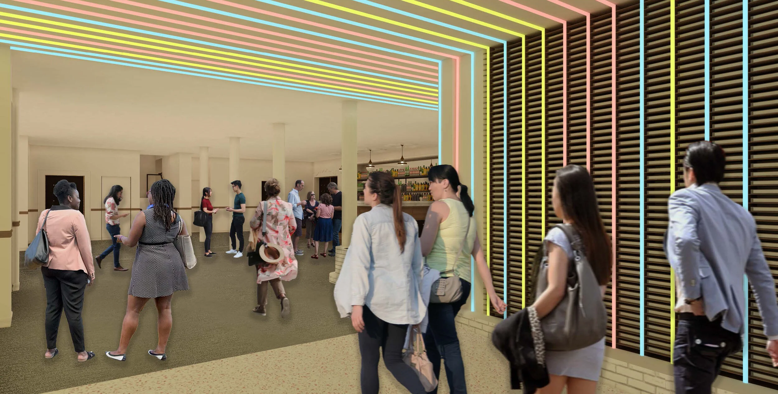 Architecture of Vidiots, interior with neon details