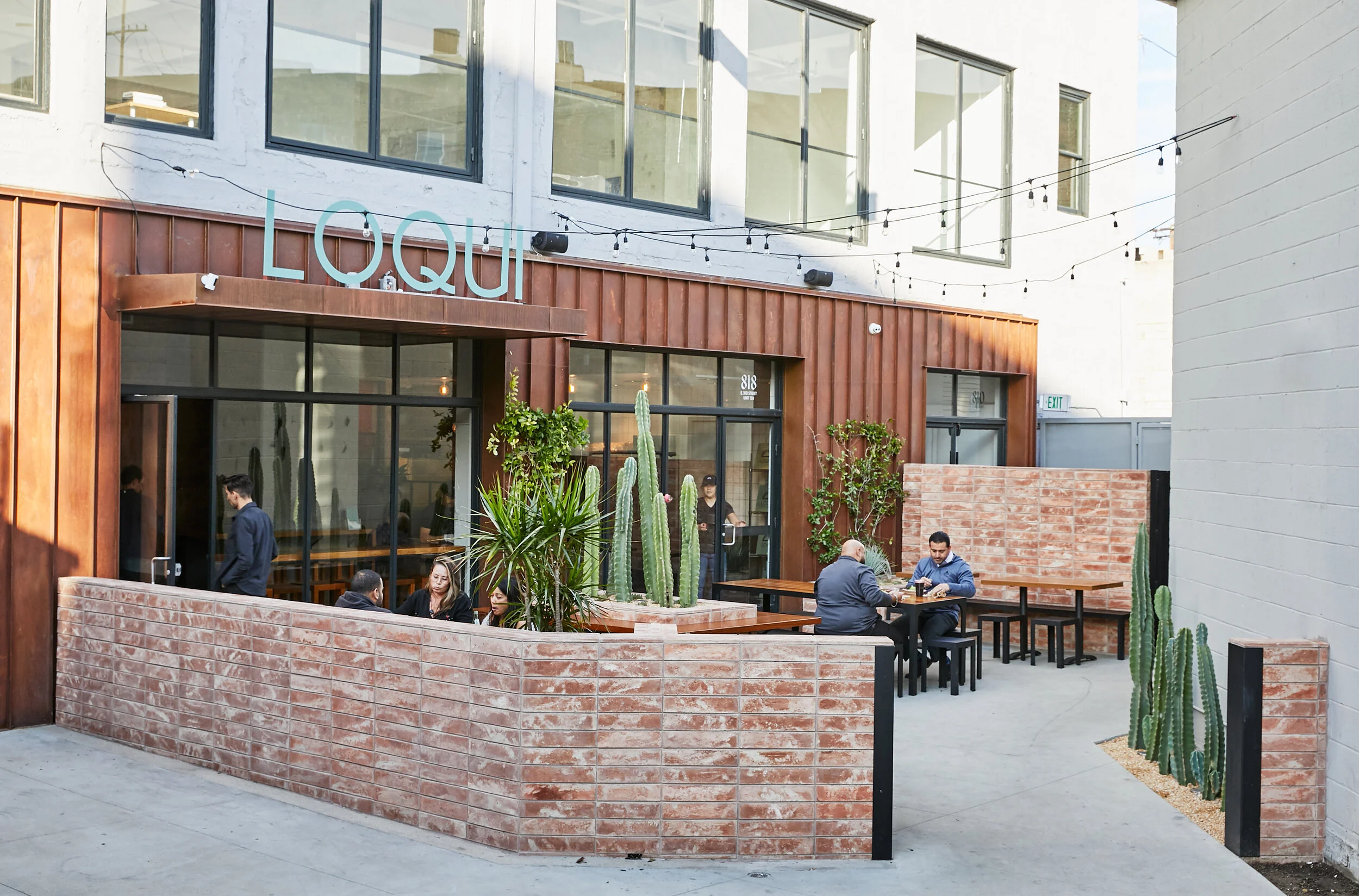 Architecture of Loqui restaurant in downtown Los Angeles, patio and facade