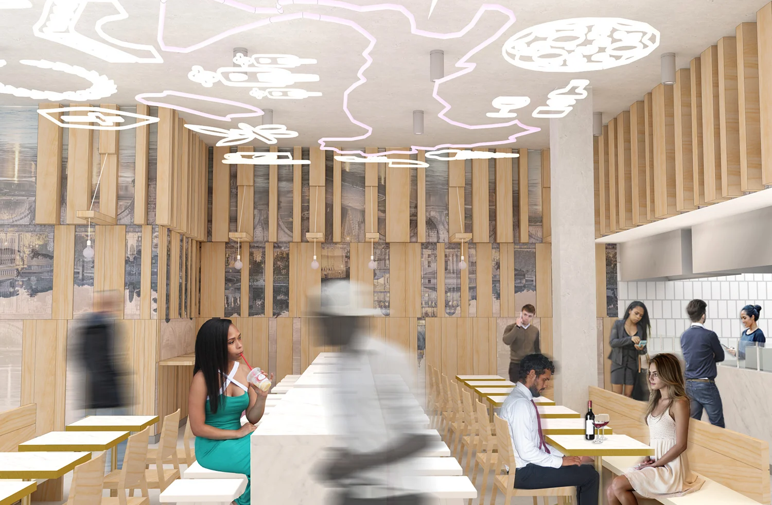 Architecture renderings for Pasadena, California Pasta restaurant, neon pictograms