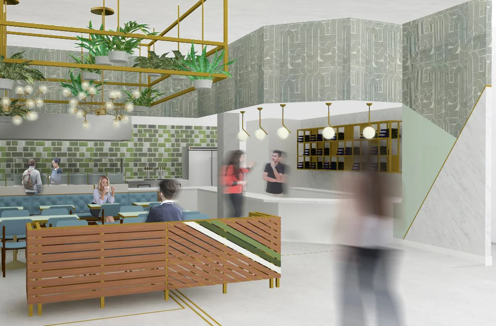 Architecture renderings for Pasadena, California Pasta restaurant, green decor with hanging plants