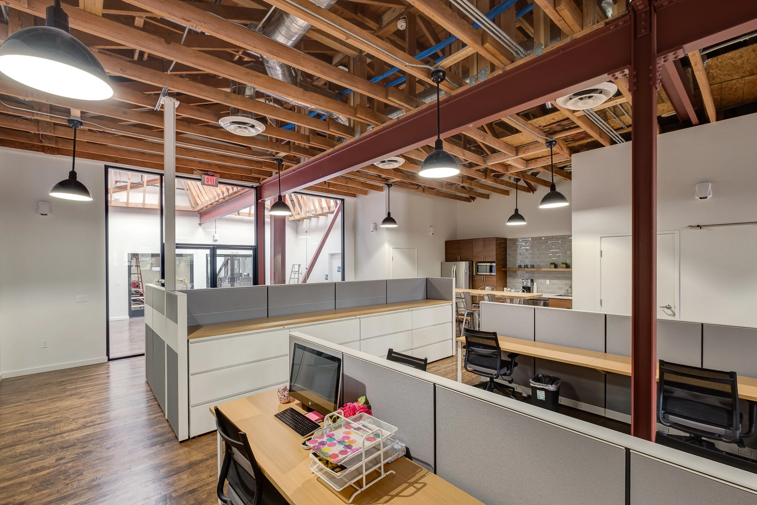 Architecture and renovation of Frank's Building in Highland Park, tenant improvement for open plan studio office, kitchen