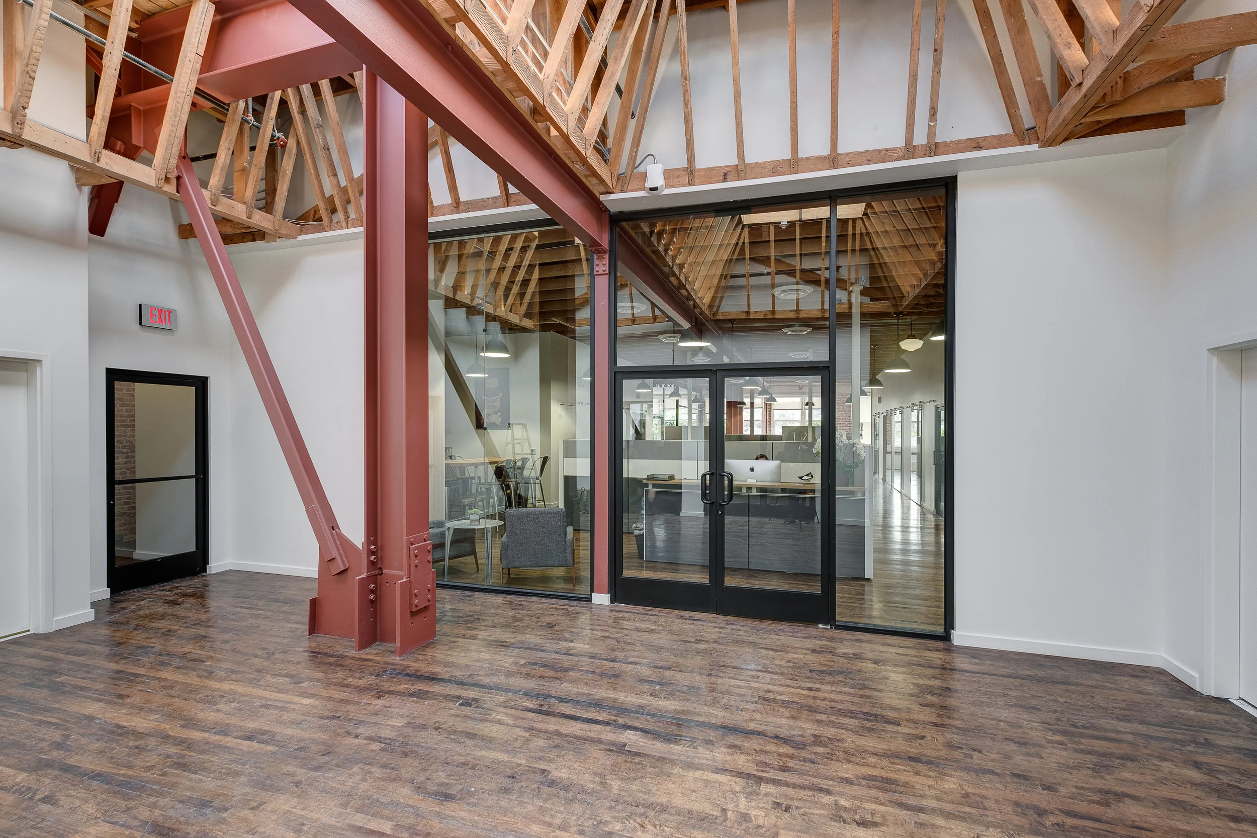Architecture and renovation of Frank's Building in Highland Park, tenant improvement for open plan studio office, interior entry