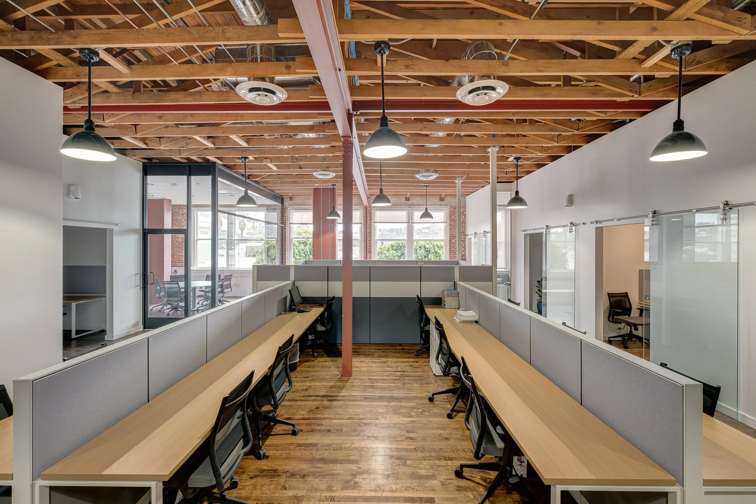 Architecture and renovation of Frank's Building in Highland Park, tenant improvement for open plan studio office, communal seating