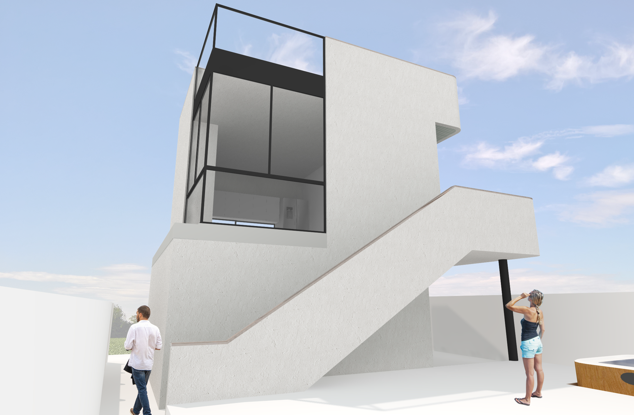 Architectural concept for ADU in Venice, CA. View of stairs and glass enclosure.
