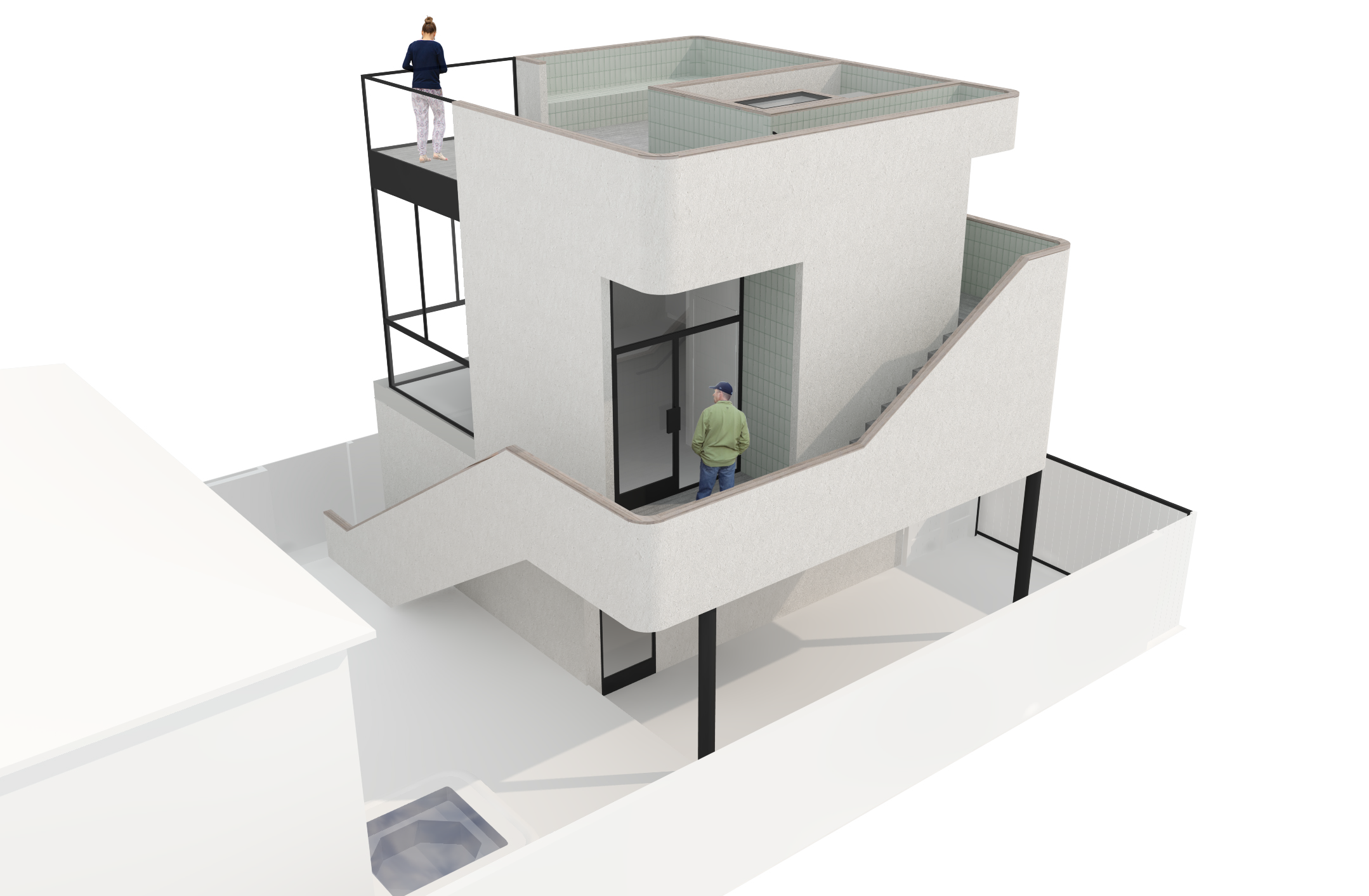 Architectural concept for ADU in Venice, CA. View of three levels.