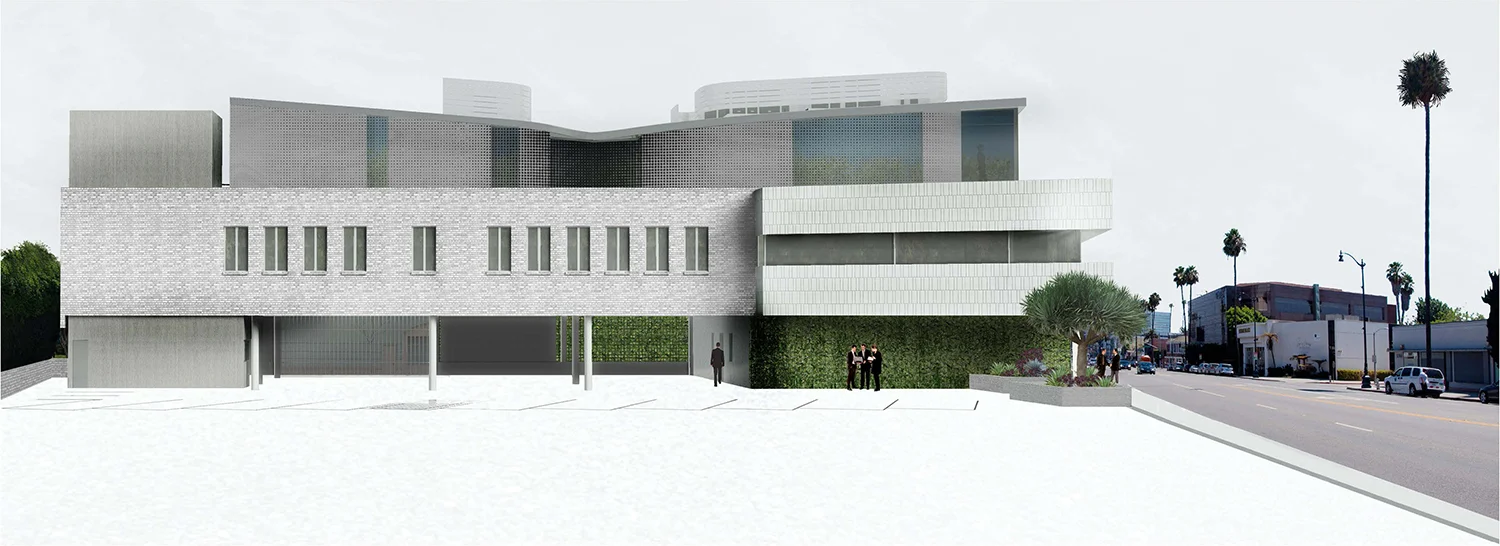 Architectural rendering for office remodel in Beverly Hills for luxury retailer, two story building with third level deck
