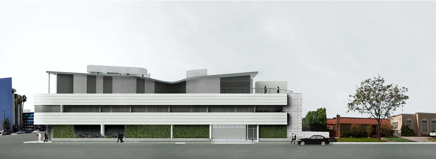 Architectural rendering for office remodel in Beverly Hills for luxury retailer, facade with natural elements