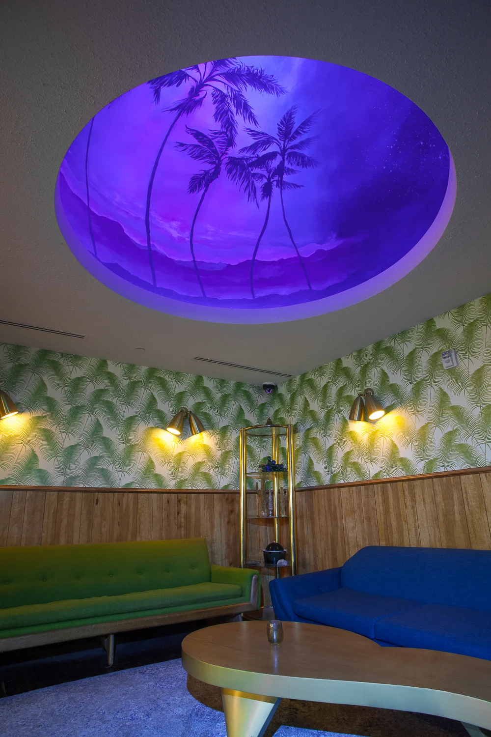 Architecture of Blind Barber bar in Highland Park, scenic ceiling and lounge seating