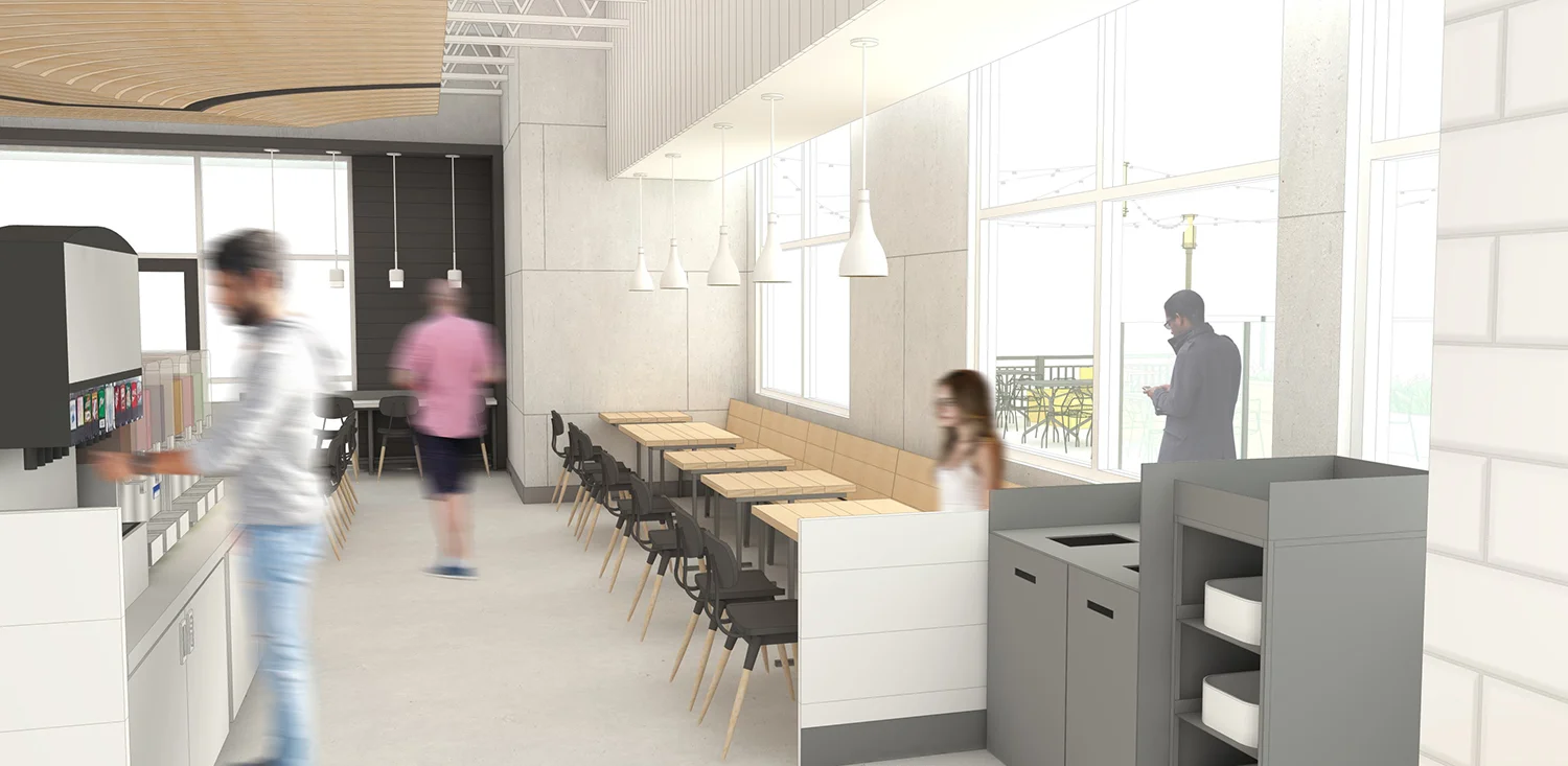 Architecture renderings for CAVA restaurant expansion to Southern California, seating and drink service