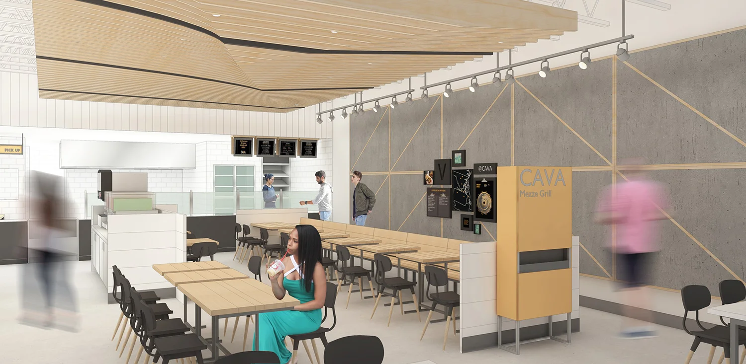 Architecture renderings for CAVA restaurant expansion to Southern California, seating
