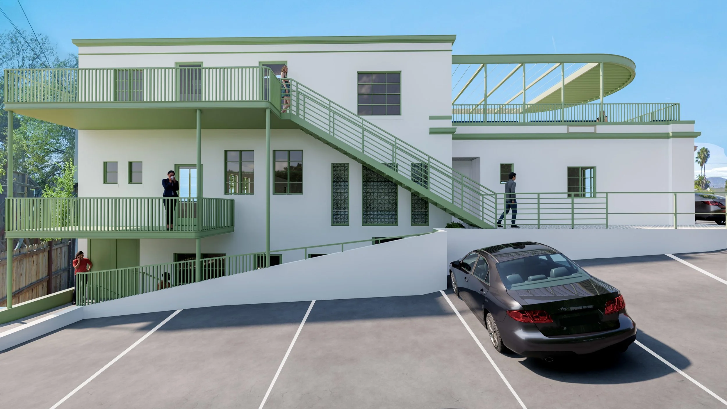 Architecture redevelopment project in Altadena, parking lot view of two story building